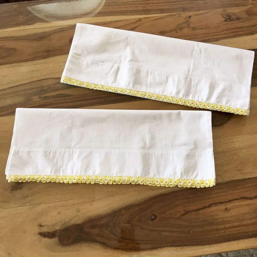 Standard Size Pillow Case set with Yellow hand crocheted trim vintage